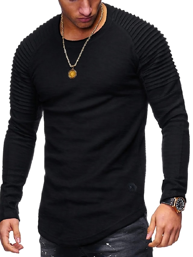  Men's T shirt Tee Long Sleeve Shirt Graphic Plain Slim Pleated Round Neck Plus Size Normal Going out Long Sleeve Pleated Sleeve Clothing Apparel Muscle Esencial