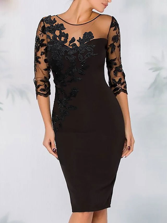  Sheath Cocktail Elegant Dress Semi Formal Work Dress Long Sleeve Black Midi Dress Embroidery Illusion Neck With Beading Lace 2022