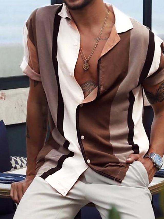  Camisa masculina gola listrada street diariamente estampa de botão manga curta tops moda casual respirável confortável marrom/verão
