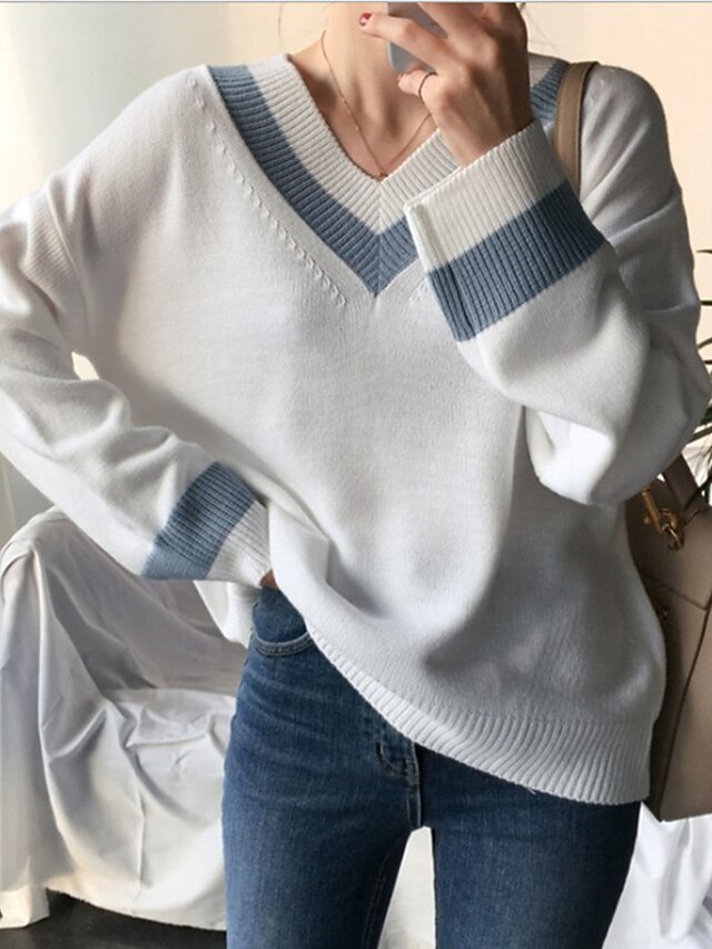 Womens Clothing Sweaters & Cardigans | Womens Pullover Sweater Jumper Knit Tunic Knitted Color Block V Neck Stylish Casual Daily