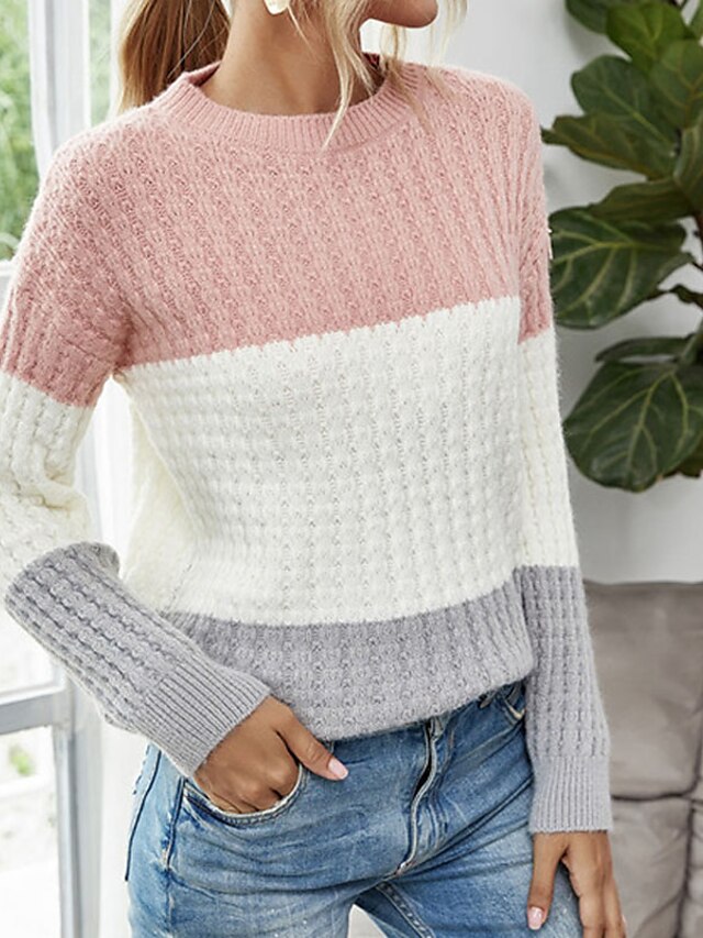 Womens Clothing Sweaters & Cardigans | Womens Pullover Sweater Jumper crochet waffle Knit Knitted Color Block Crew Neck Stylish 