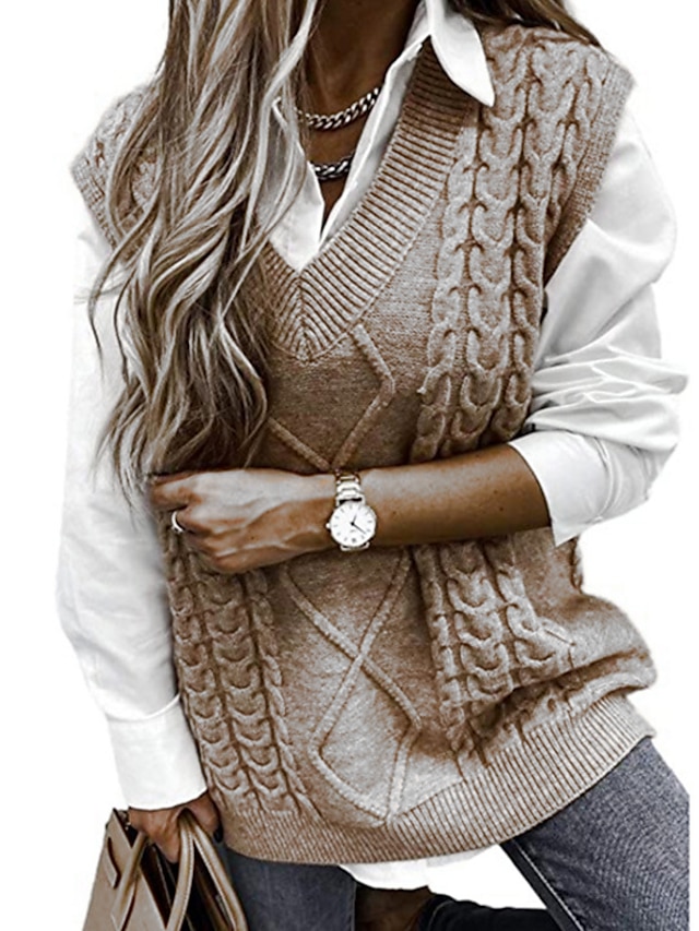 Womens Clothing Sweaters & Cardigans | Womens Vest Jumper cable Knit Tunic Knitted Solid Color V Neck Stylish Basic Home Daily F