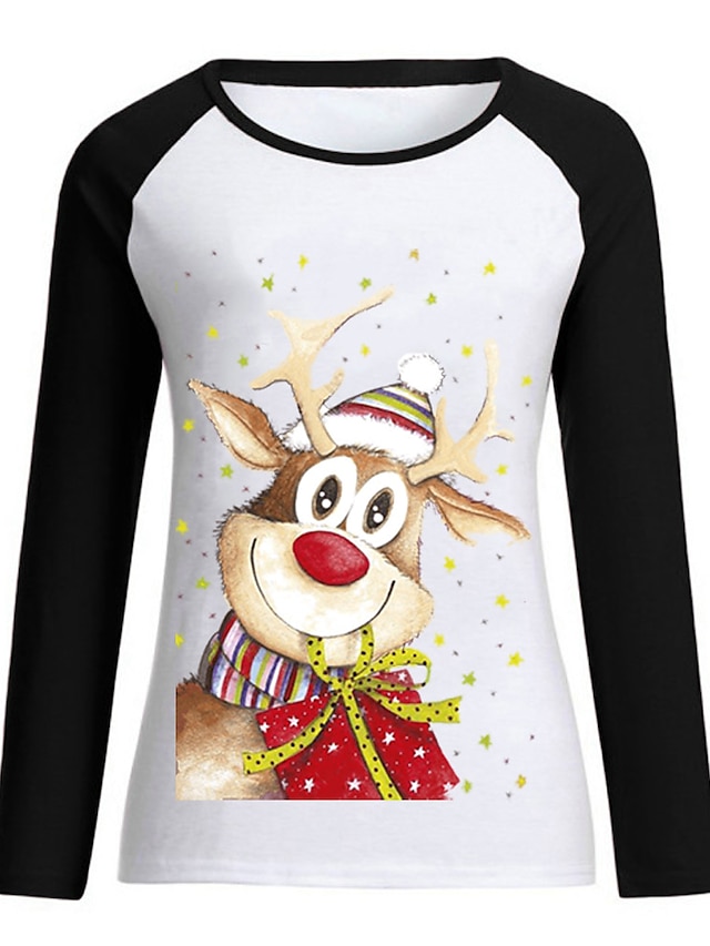 Womens Clothing Womens Tops | Womens Gift Weekend Painting T shirt Tee Color Block Snowflake Reindeer Long Sleeve Print Round Ne