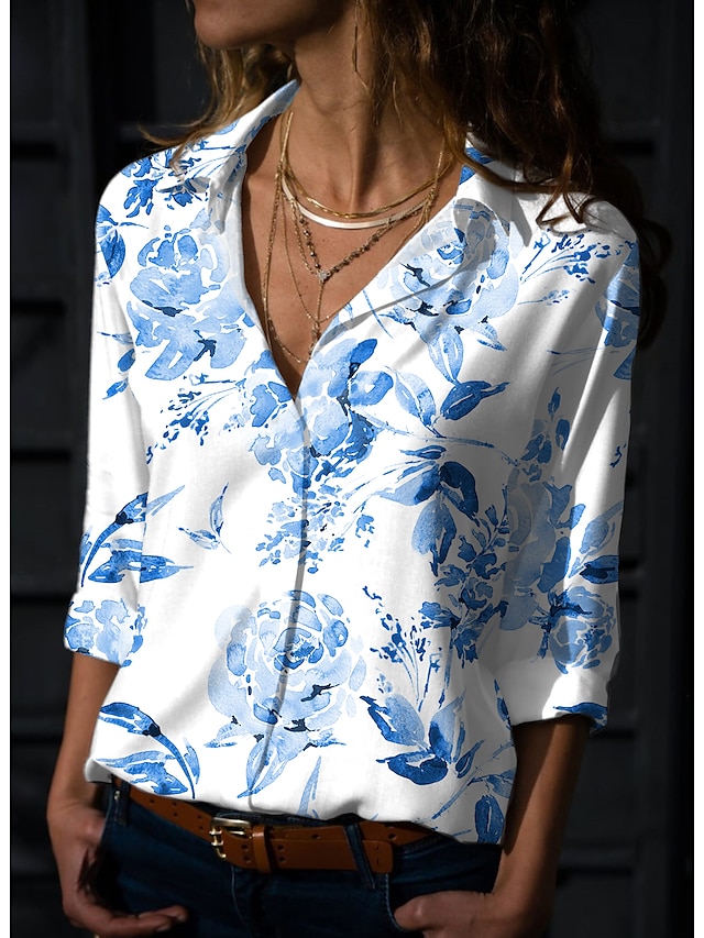 Womens Clothing Womens Tops | Womens Holiday Weekend Floral Blouse Shirt Floral Graphic Long Sleeve Button Print Shirt Collar Ca