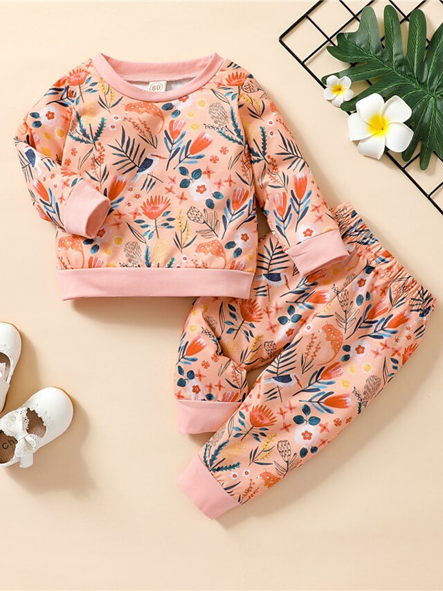 Baby & Kids Girls Clothing | Kids Girls T-shirt & Pants Clothing Set 2 Pieces Long Sleeve Green Light Green Orange Floral Print 