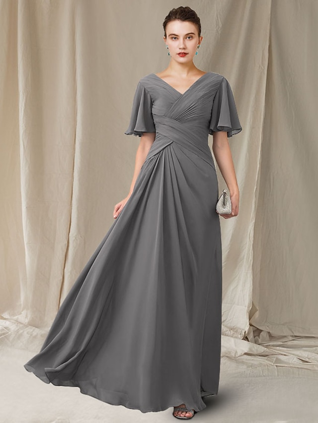 A-Line Mother of the Bride Dress Elegant V Neck Floor Length Chiffon ...
