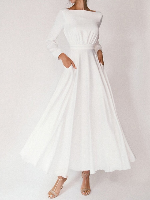  Bridal Shower Simple Wedding Dresses A-Line Square Neck Long Sleeve Ankle Length Chiffon Bridal Gowns With Pleats Summer Wedding Party 2024