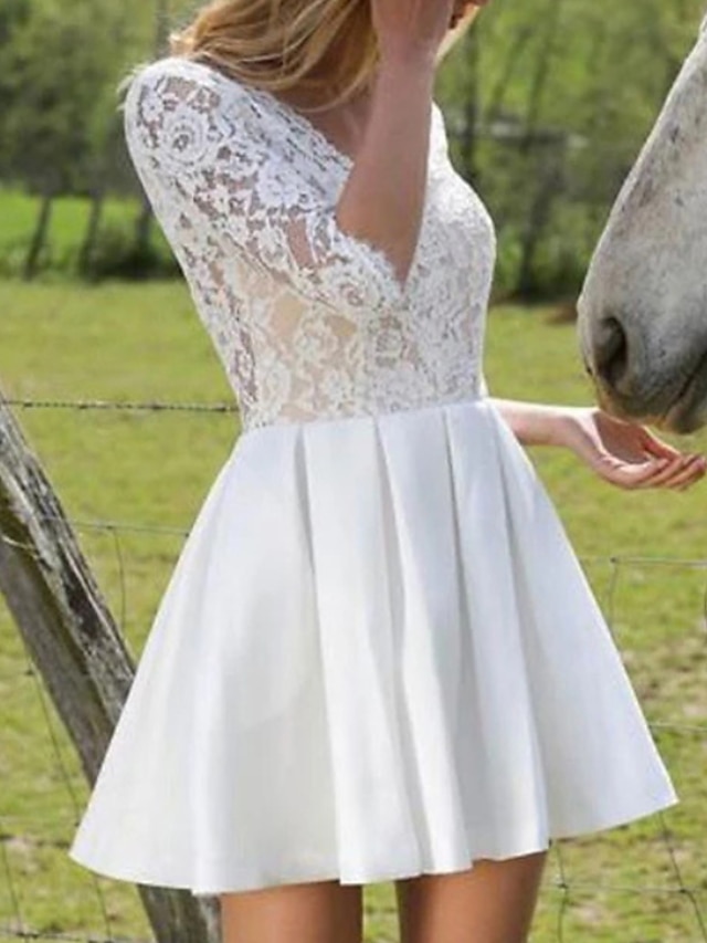  Reception Little White Dresses Wedding Dresses A-Line V Neck Half Sleeve Short / Mini Satin Bridal Gowns With Pleats Appliques 2024