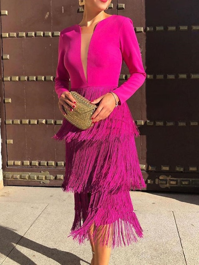 Womens Clothing Womens Dresses | Womens Swing Dress Midi Dress Pink Long Sleeve Solid Color Tassel Fringe Fall Winter V Neck Per