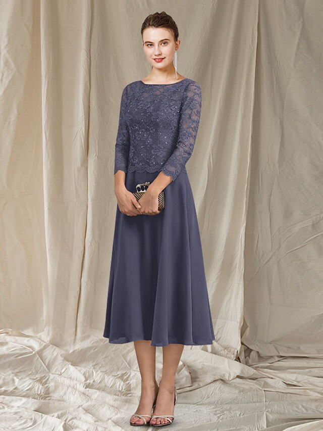 Beach Wedding A-Line Mother of the Bride Dress Elegant Jewel Neck Tea Length Chiffon Half Sleeve with Lace main image 1