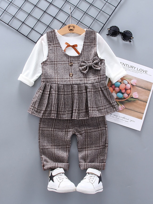 Baby & Kids Girls Clothing | Kids Girls Clothing Set 3 Pieces Long Sleeve Gray Brown Plaid Bow Street School Vacation Active Cas