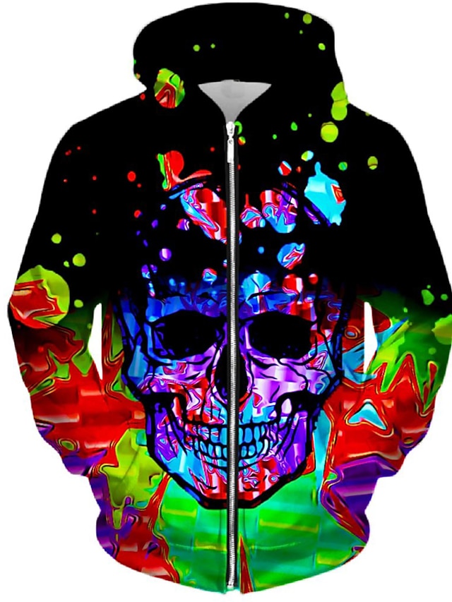 Mens Clothing Mens Hoodies & Sweatshirts | Mens Full Zip Hoodie Jacket Graphic Prints Skull Skeleton Zipper Print Hooded Daily S