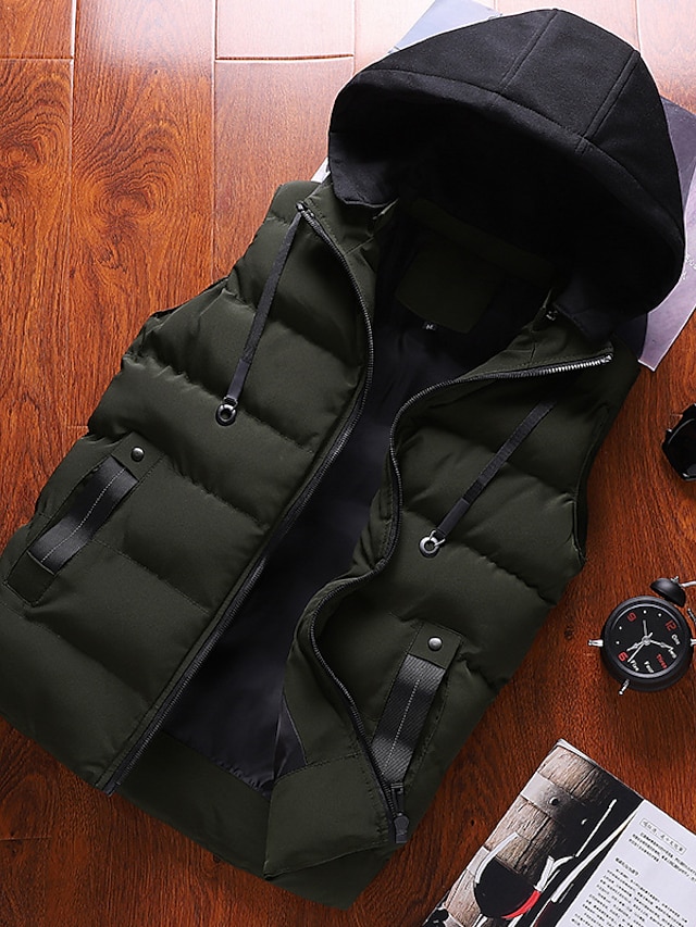  Men's Puffer Vest Gilet Quilted Vest Cardigan Mountain Bike Leisure Sports Sporty Fall Autumn Hooded Padded Polyester Warm Solid Color Zipper ArmyGreen Black Vest