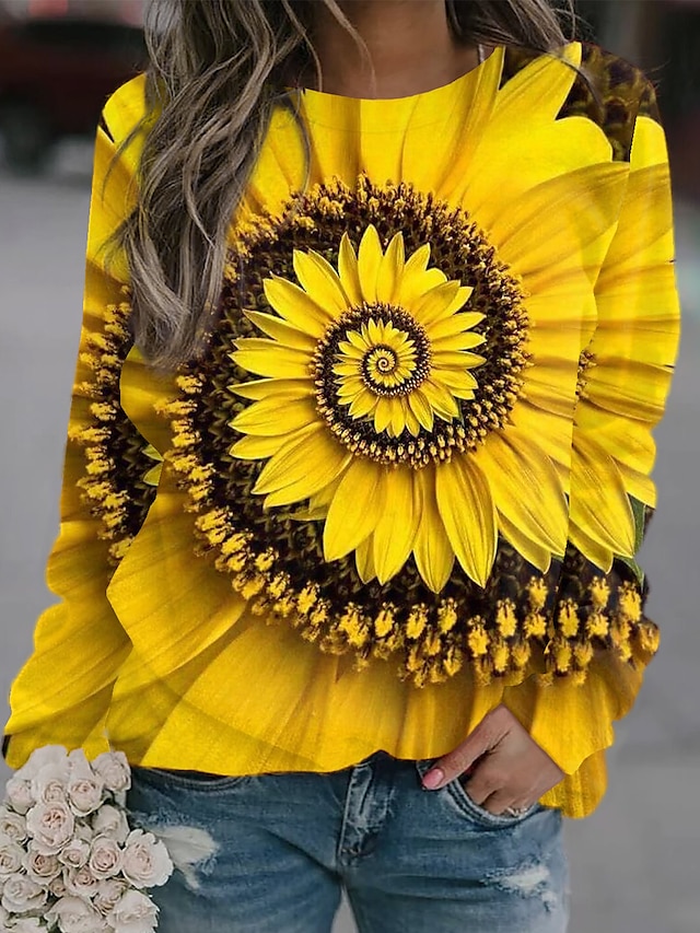  Women's Sweatshirt Pullover Active Streetwear Print White Blue Yellow Sunflower 3D Flower Sports Round Neck Long Sleeve S M L XL XXL / 3D Print