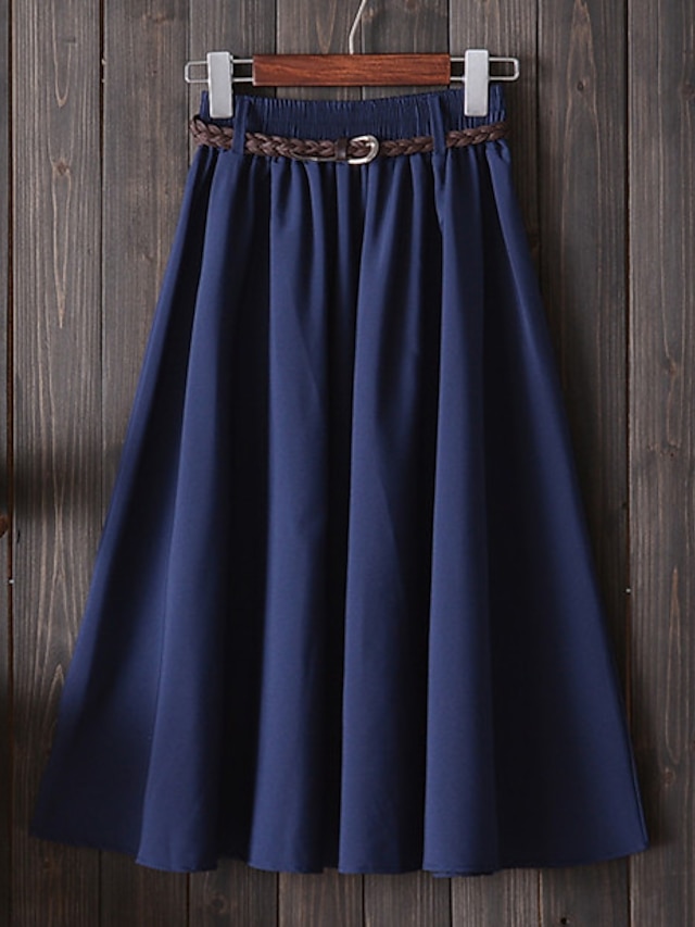  Women's Skirt Swing Long Skirt Midi Skirts Pleated Solid Colored Office / Career Going out Summer Polyester Streetwear Summer Yellow Red Navy Blue Blue