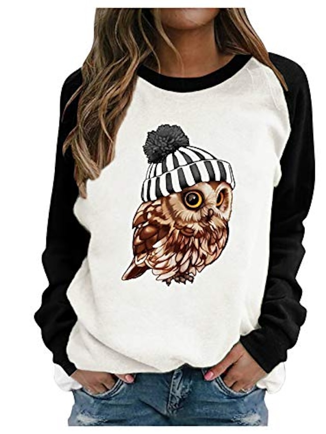 Womens Owl Christmas Tree Shirt Cute Animal Graphic Printed Raglan Long Sleeve Crewneck Pullover Tops Plus Size.S-3XL 