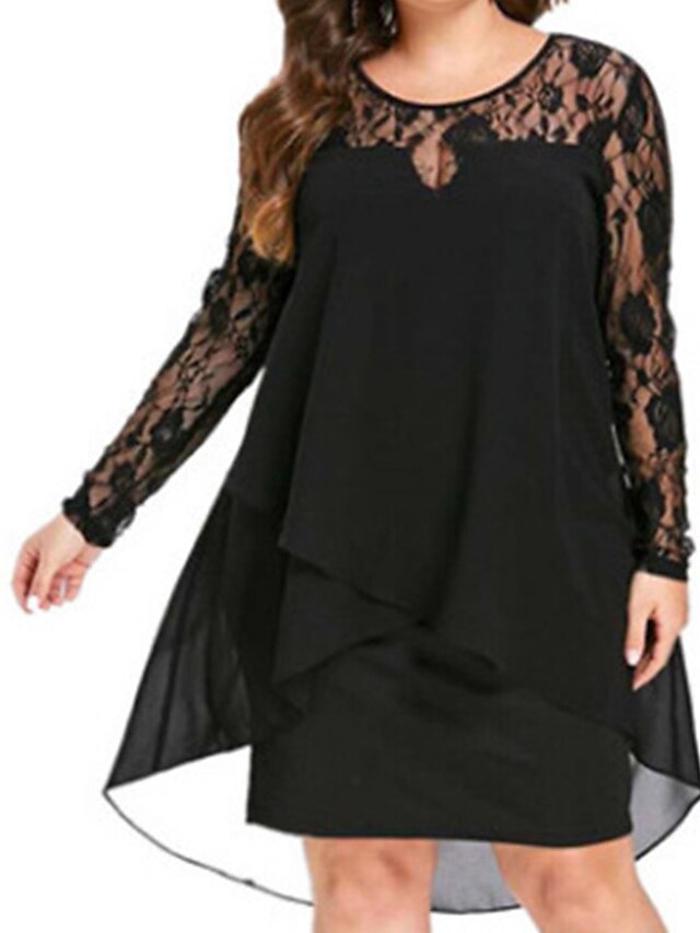 Womens Clothing Womens Dresses | Womens A Line Dress Knee Length Dress Blue Black Wine Long Sleeve Solid Color Lace Fall Round N