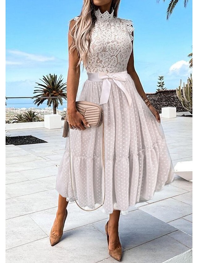 Womens Clothing Womens Dresses | Womens Swing Dress Midi Dress White Black Pink Sleeveless Solid Color Lace Patchwork Summer Tur