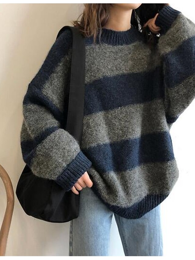  Women's Pullover Sweater Jumper Knit Knitted Stripes Round Neck Active Casual Street Causal Fall Winter Red Navy Blue One-Size / Long Sleeve / Holiday / Color Block / Regular Fit