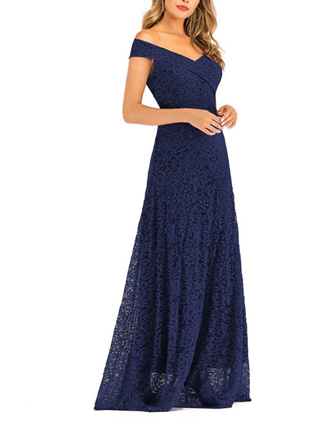 Womens Clothing Womens Dresses | Womens A Line Dress Maxi long Dress Wine Royal Blue Short Sleeve Solid Color Ruched Fall Off Sh