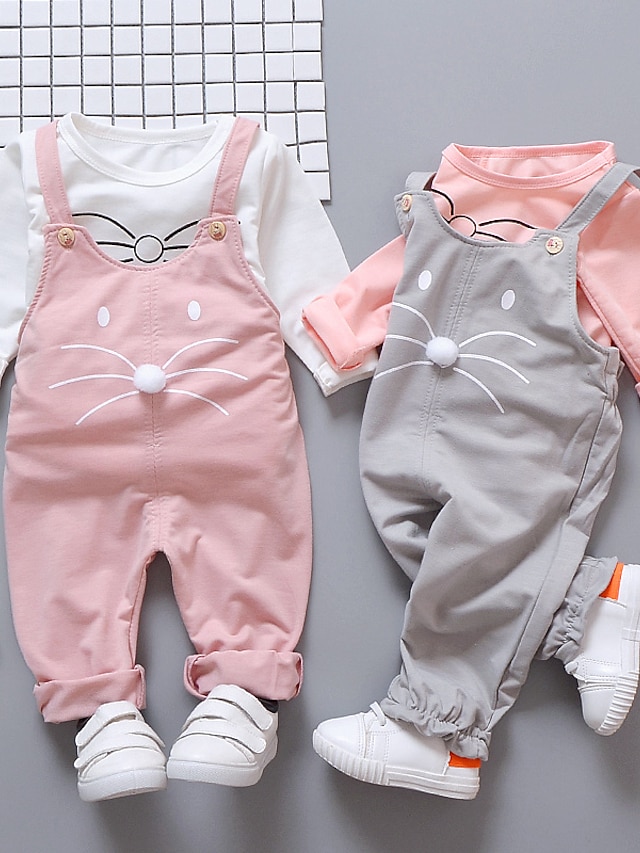 Baby & Kids Girls Clothing | Kids Girls Clothing Set 2 Pieces Long Sleeve Gray Pink Cat Print Street School Vacation Casual Dail