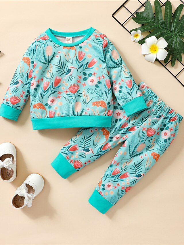 Baby & Kids Girls Clothing | Kids Girls T-shirt & Pants Clothing Set 2 Pieces Long Sleeve Green Light Green Orange Floral Print 