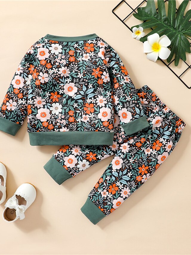 Baby & Kids Girls Clothing | Kids Girls T-shirt & Pants Clothing Set 2 Pieces Long Sleeve Green Light Green Orange Floral Print 