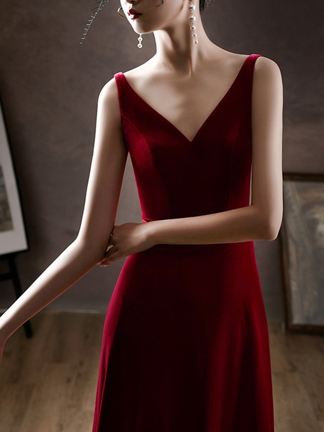 A Line Elegant Vintage Engagement Cocktail Party Dress V Neck Sleeveless Tea Length Velvet With 6539