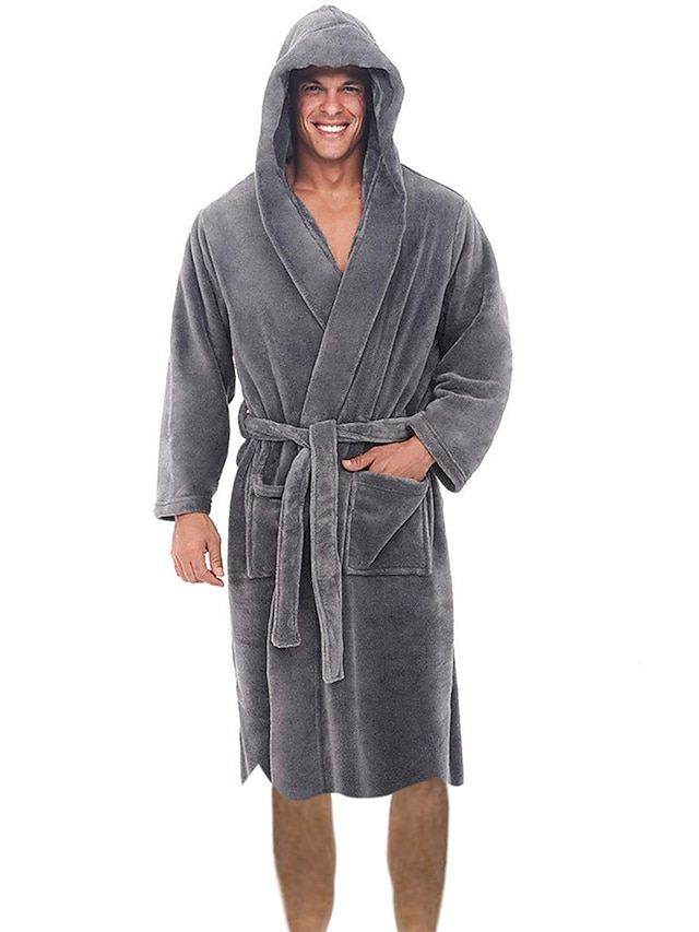 mens bathrobes big and tall contrast color warm fleece robe with hood