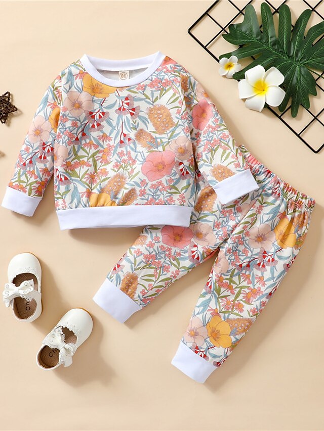 Baby & Kids Girls Clothing | Kids Girls T-shirt & Pants Clothing Set 2 Pieces Long Sleeve Green Light Green Orange Floral Print 