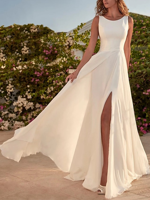  Hall vestidos de noiva simples a linha decote redondo sem mangas até o chão vestidos de noiva de chiffon com frente dividida 2024