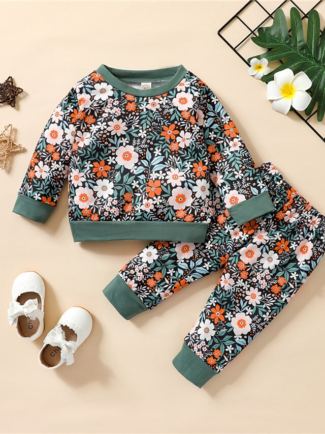 Baby & Kids Girls Clothing | Kids Girls T-shirt & Pants Clothing Set 2 Pieces Long Sleeve Green Light Green Orange Floral Print 