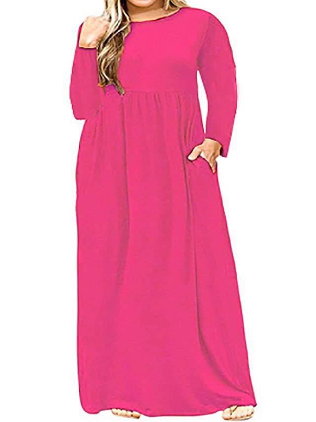 Womens Clothing Plus Size Collection | Womens Plus Size A Line Dress Solid Color Round Neck Ruched Long Sleeve Fall Casual Maxi 