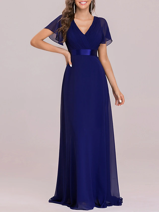 A-Line WE Empire Dress Prom Formal Evening Floor Length Short Sleeve V ...