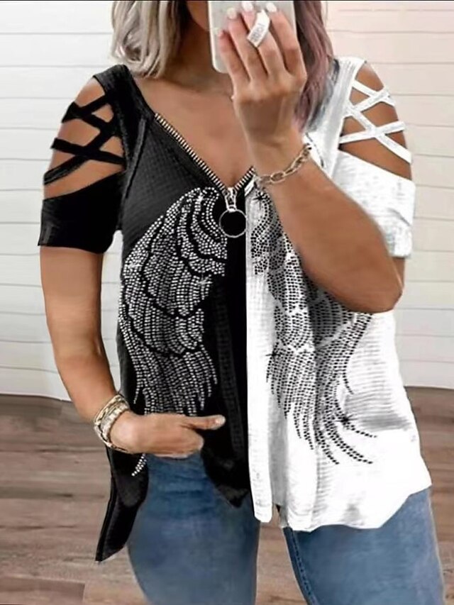 Womens Clothing Plus Size Collection | Womens Plus Size Tops T shirt Multi Color Feathers Hollow Out Zipper Sleeveless V Neck Ca