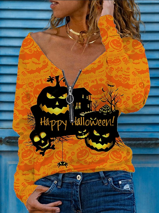  Women's Halloween Weekend Abstract Painting T shirt Tee Text Pumpkin Long Sleeve Print V Neck Basic Halloween Tops Black Blue Purple S / 3D Print