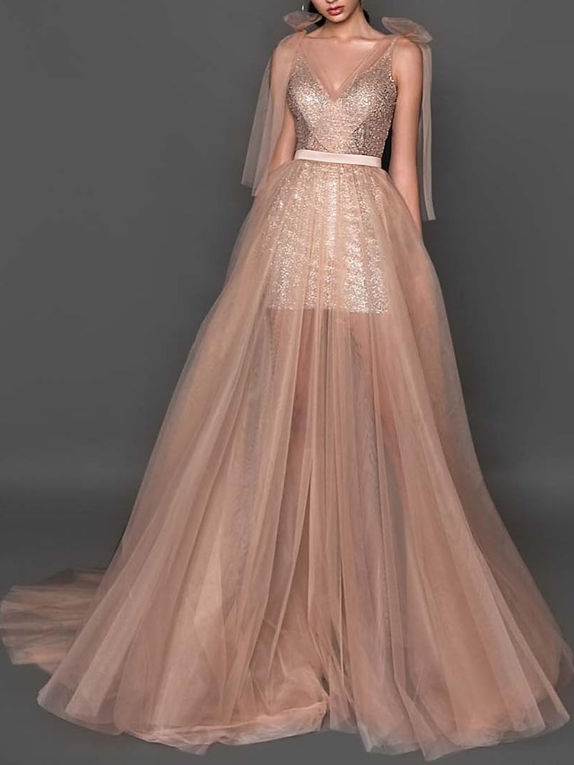  A-Line Evening Gown Elegant Dress Wedding Guest Court Train Sleeveless V Neck Tulle with Sash / Ribbon Sequin 2023