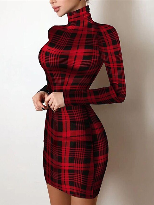 Womens Clothing Womens Dresses | Womens Bodycon Short Mini Dress Red Long Sleeve Striped Plaid Print Fall Winter Turtleneck Styl