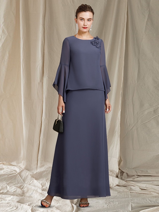  A-Line Mother of the Bride Dress Elegant Plus Size Jewel Neck Ankle Length Chiffon Long Sleeve with Flower 2024