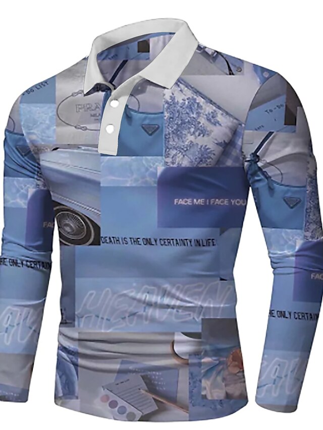  Homens Camisa de golfe Impressão 3D Bloco de cor Colarinho Rua Diário Impressão 3D Botão para baixo Manga Longa Normal Blusas Leve Casual Moda Confortável Azul / Esportes