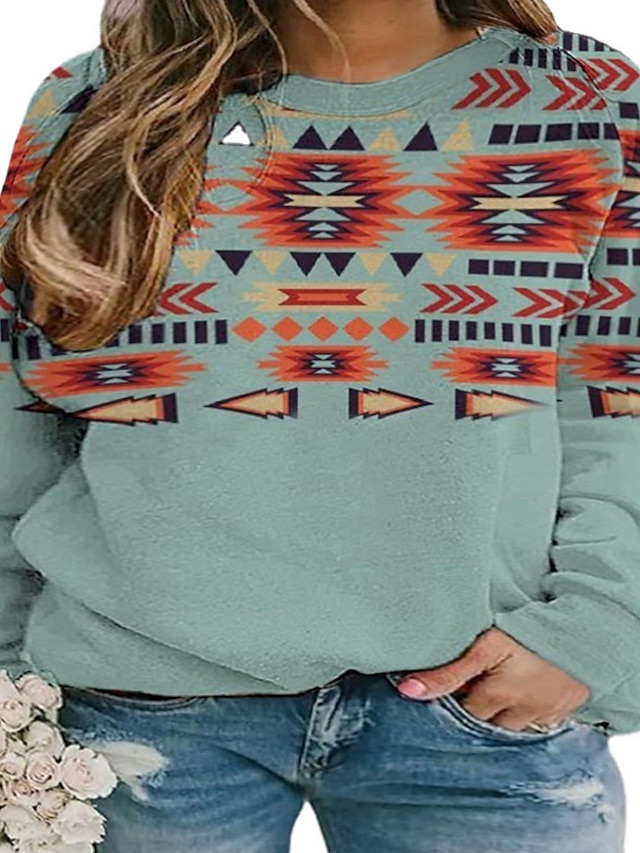 Womens Clothing Plus Size Collection | Womens Plus Size Tops Pullover Sweatshirt Color Block Tribal Print Long Sleeve Crewneck V