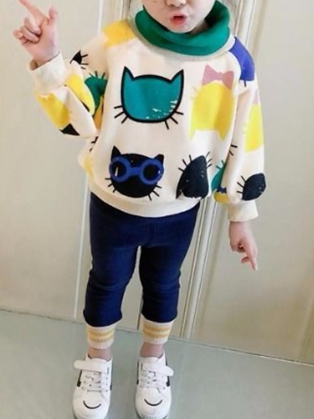 Baby & Kids Girls Clothing | Kids Girls Sweatshirt Long Sleeve Brown Beige Cat Animal Cotton Indoor Outdoor Active Cute 2-8 Year