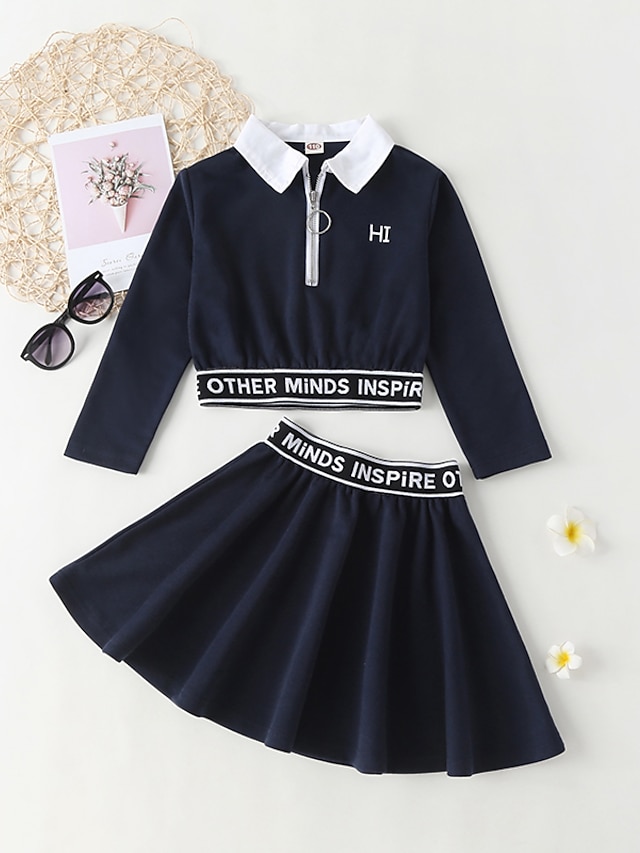 Baby & Kids Girls Clothing | Kids Girls Clothing Set 2 Pieces Long Sleeve Navy Blue Letter Print School Sports Preppy Style Shor