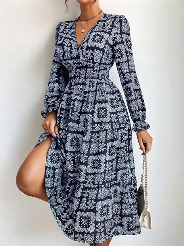 Womens Clothing Womens Dresses | Womens A Line Dress Midi Dress Blue White Black Long Sleeve Floral Geometric Print Fall Winter 