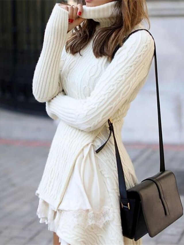  Women's Sweater Dress Winter Dress White Dress White Long Sleeve Pure Color Lace Layered Plus High Low Winter Fall Turtleneck High Neck Stylish Elegant Casual 2022 S M L XL XXL XXXL 4XL