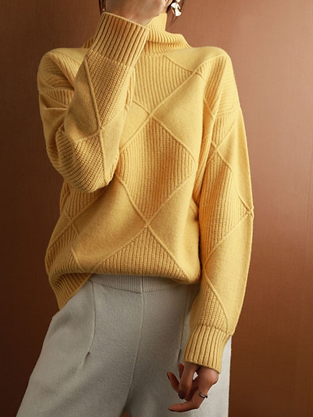  Women's Pullover Sweater Jumper Pullover Jumper Turtleneck Knit Polyester Knitted Drop Shoulder Fall Winter Outdoor Home Daily Stylish Basic Casual Long Sleeve Solid Color Argyle Black Yellow Camel S