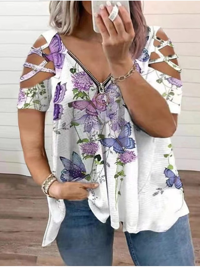 Womens Clothing Plus Size Collection | Womens Plus Size Tops T shirt Multi Color Feathers Hollow Out Zipper Sleeveless V Neck Ca