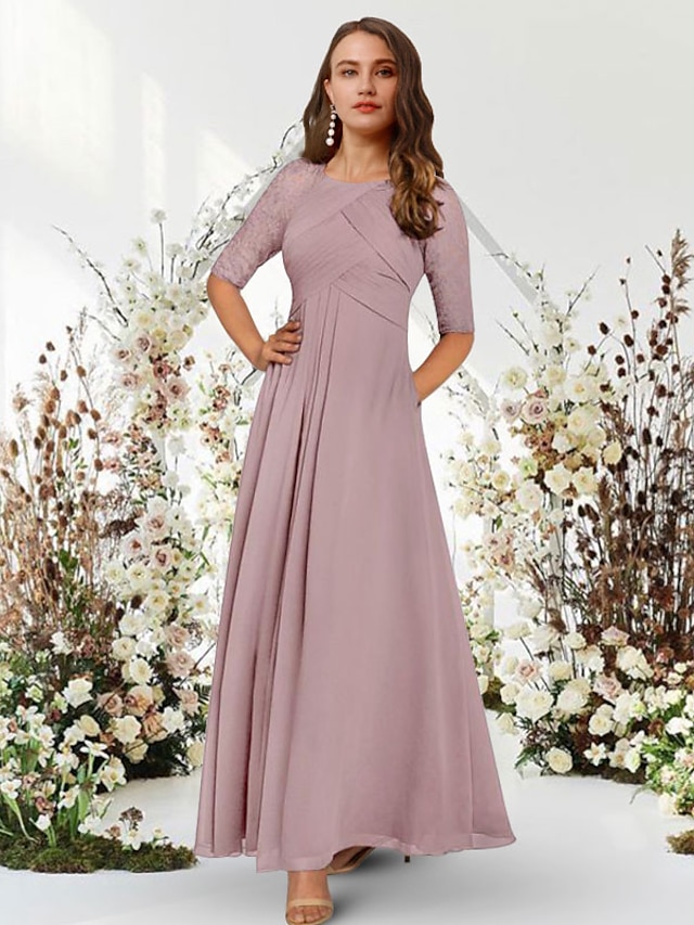  A-Line Evening Gown Elegant Dress Wedding Guest Formal Evening Floor Length Half Sleeve Jewel Neck Chiffon with Pleats Ruched 2024