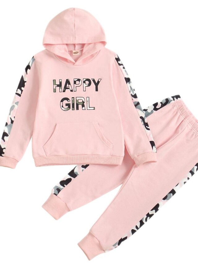 Baby & Kids Girls Clothing | Kids Girls Clothing Set 2 Pieces Long Sleeve Pink Graphic Camouflage Letter Print Cotton Indoor Out