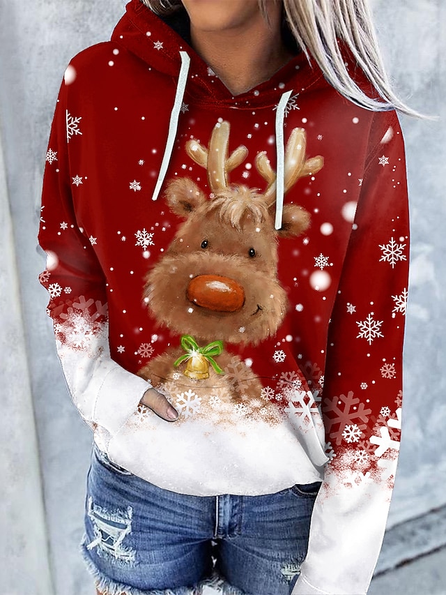  Women's Hoodie Sweatshirt Reindeer Rudolph Front Pocket Print Christmas Christmas Gifts Casual 3D Print Active Streetwear Hoodies Sweatshirts  Red